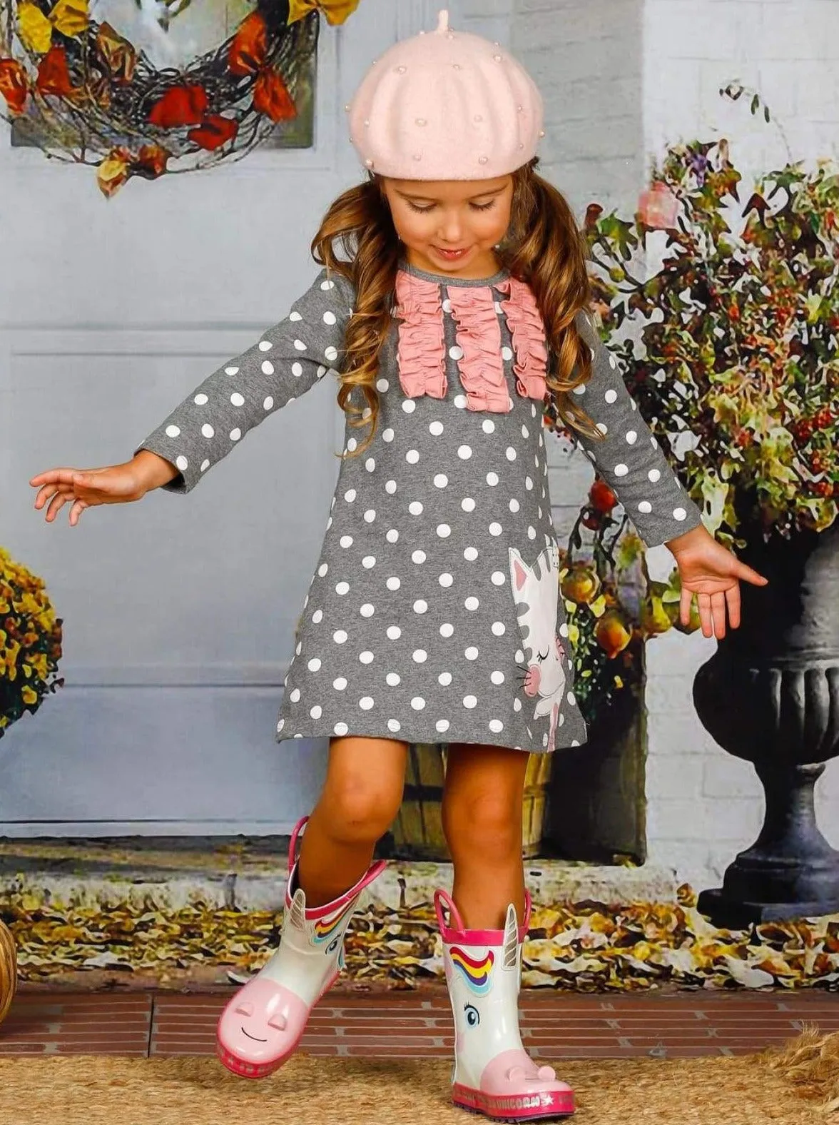 Girls Polka Dot Ruffled Long Sleeve Kitty Dress