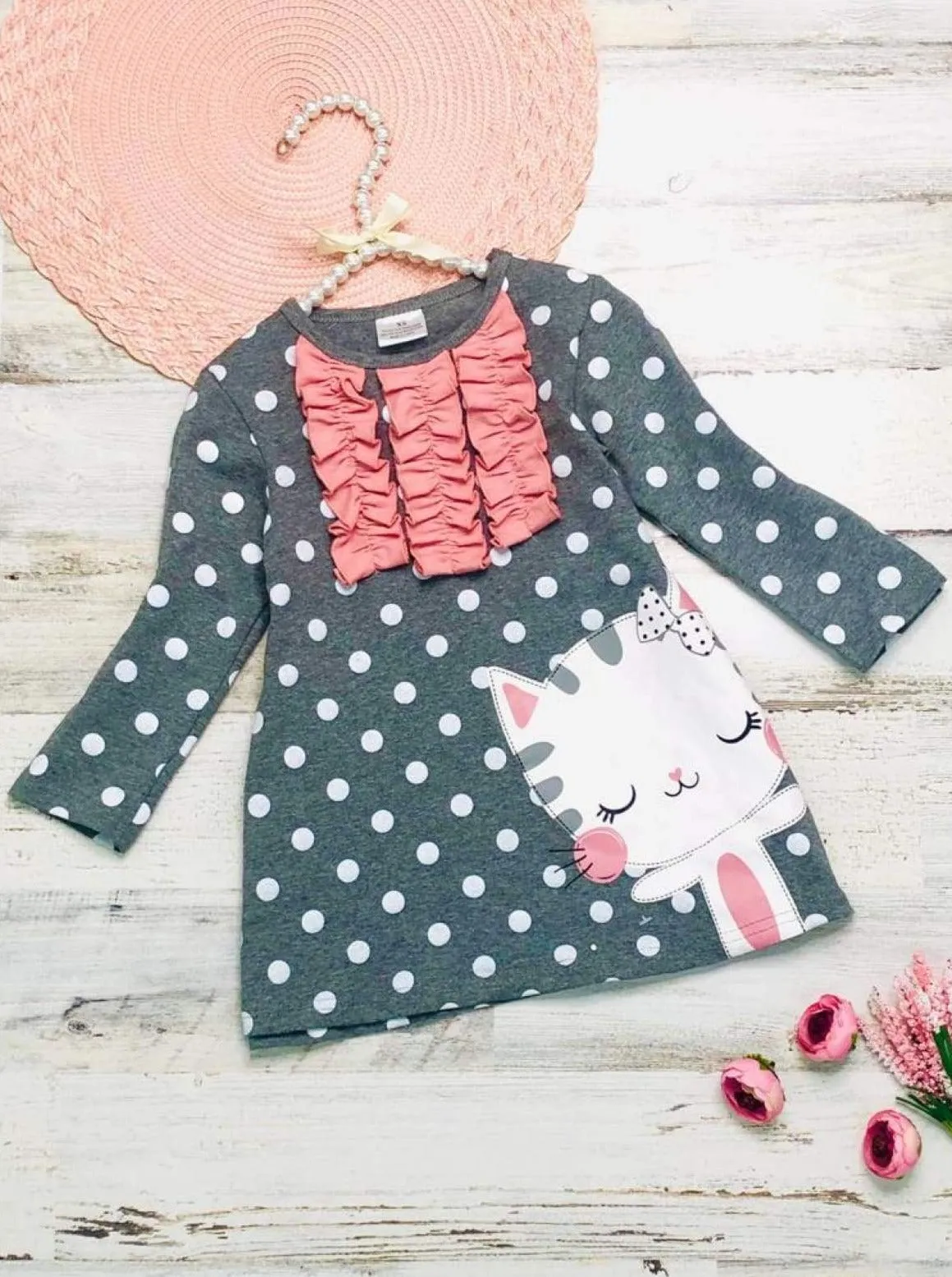 Girls Polka Dot Ruffled Long Sleeve Kitty Dress