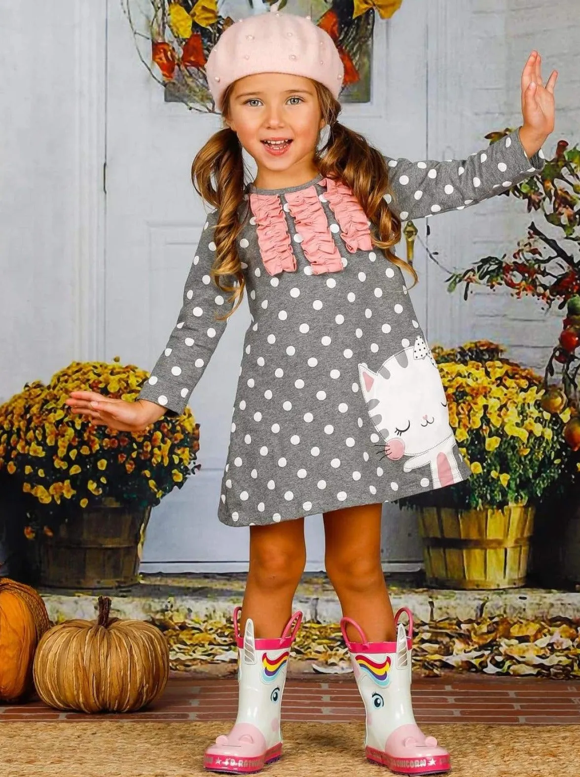 Girls Polka Dot Ruffled Long Sleeve Kitty Dress