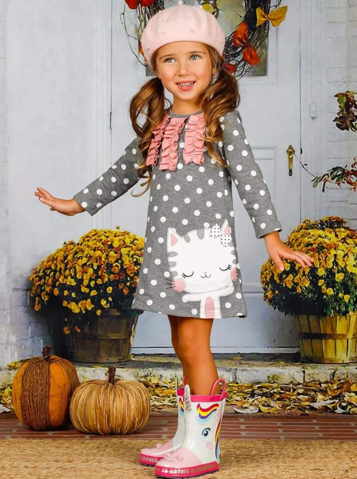 Girls Polka Dot Ruffled Long Sleeve Kitty Dress