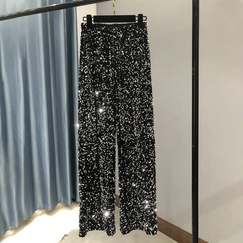 Glamorous Allure Sparkling Sequin Wide-Legged Long Flare Pants