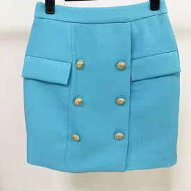 Hight Waisted Blue Formal Skirt Gold-tone Mini Skirt for Ladies