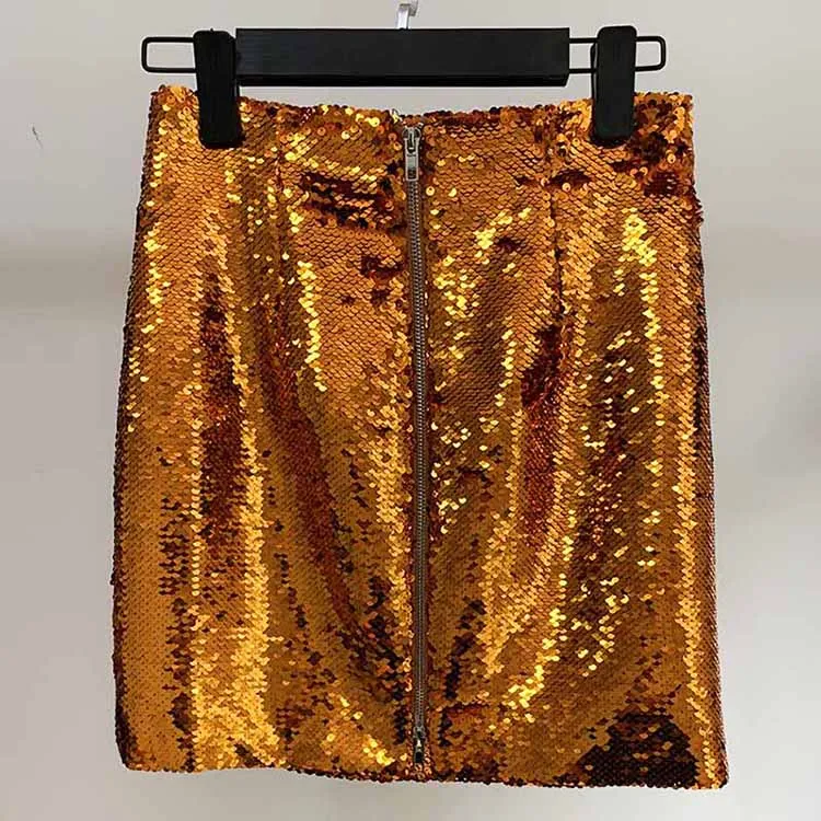 Hight Waisted Gold Party Skirt Sequin Mini Club-wear Skirt for Ladies