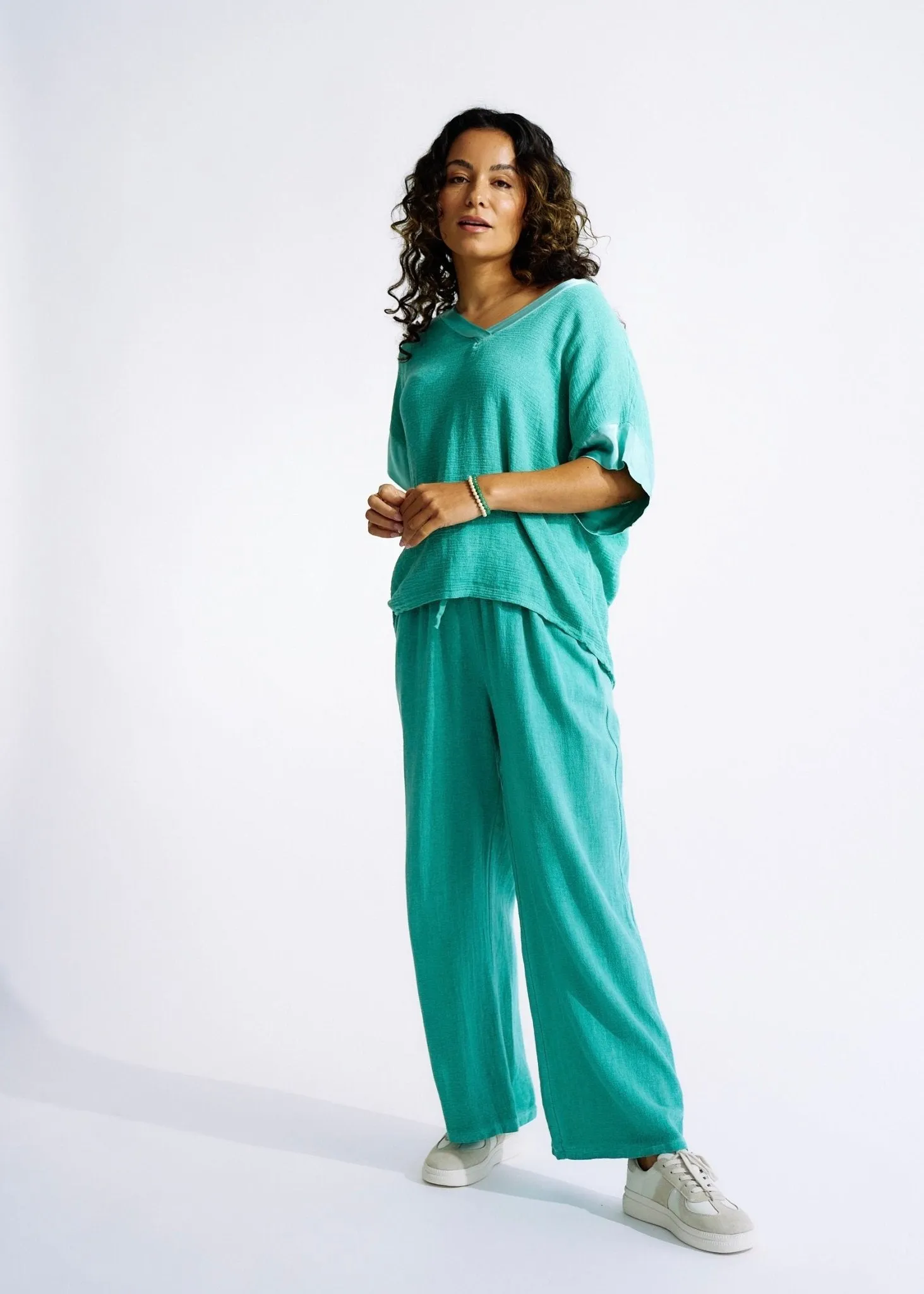 Italian Textured Cotton Loungewear Set with Satin Detail in Ocean Green