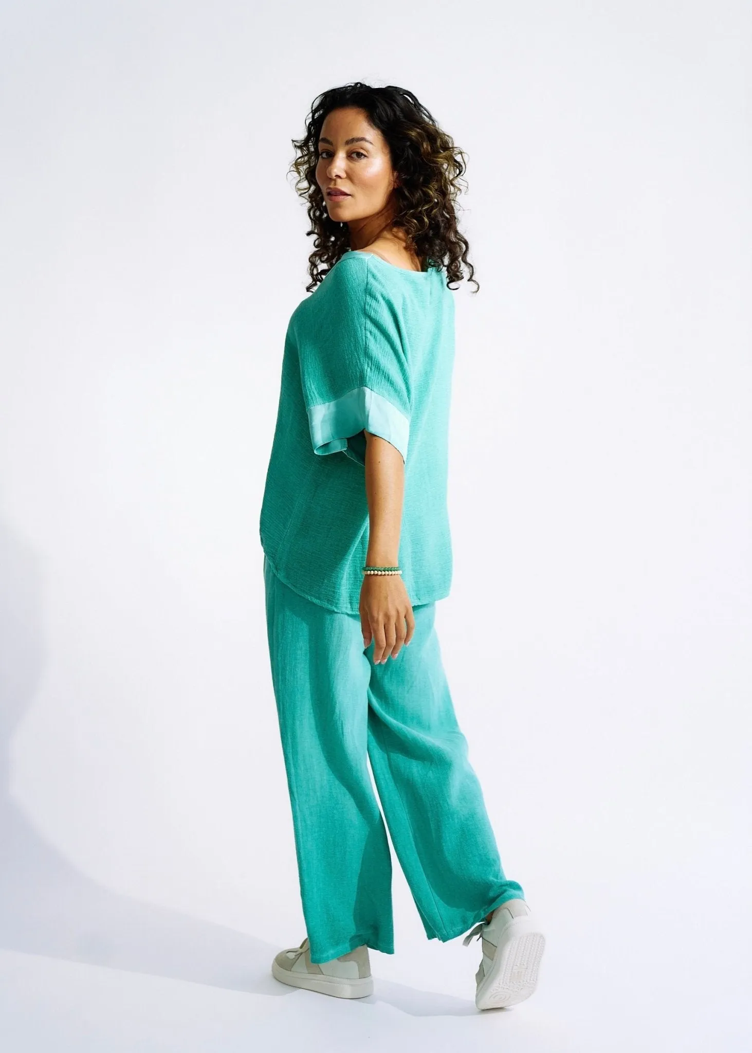 Italian Textured Cotton Loungewear Set with Satin Detail in Ocean Green