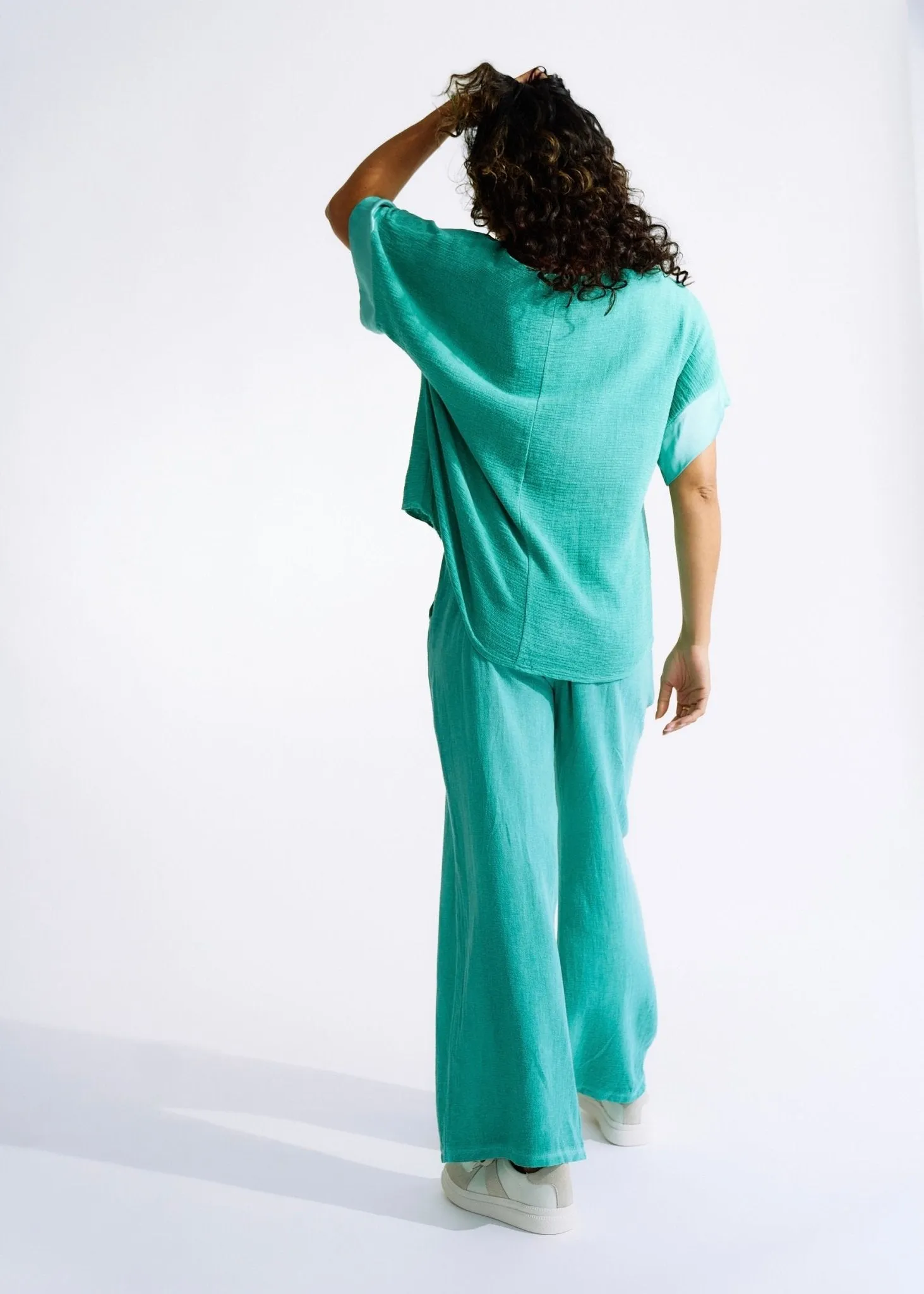 Italian Textured Cotton Loungewear Set with Satin Detail in Ocean Green