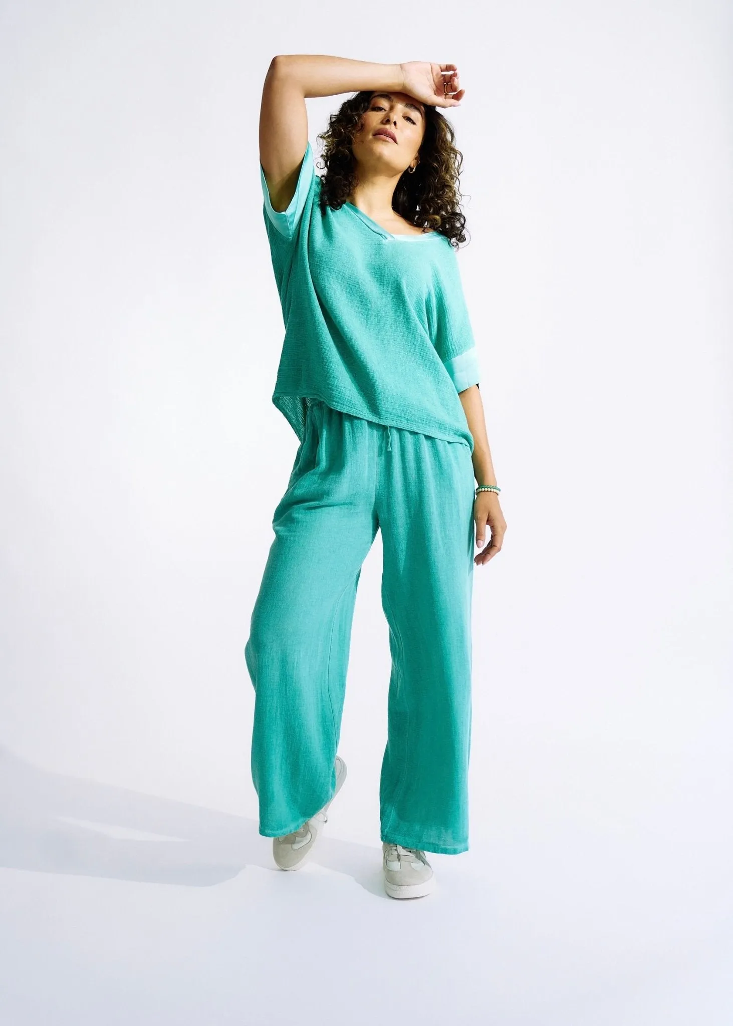 Italian Textured Cotton Loungewear Set with Satin Detail in Ocean Green