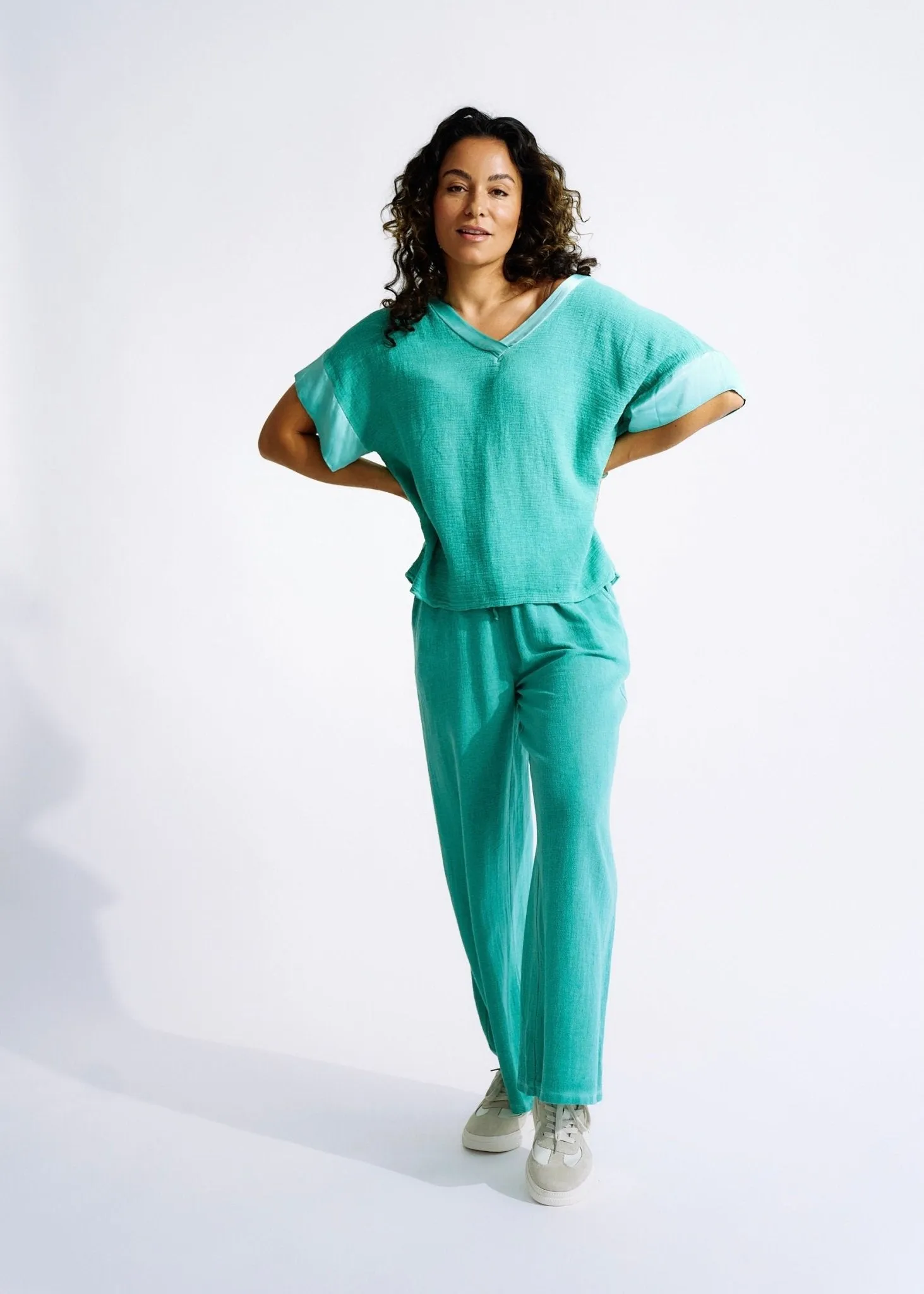 Italian Textured Cotton Loungewear Set with Satin Detail in Ocean Green