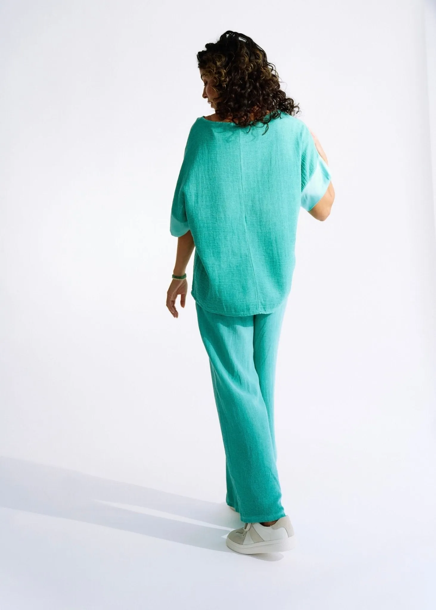 Italian Textured Cotton Loungewear Set with Satin Detail in Ocean Green