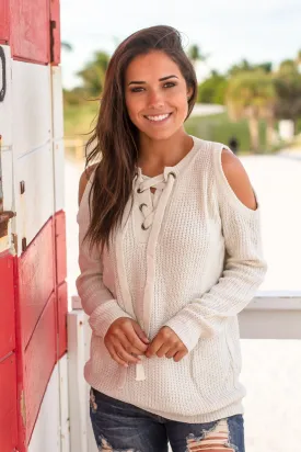 Ivory Knit Sweater with Open Shoulder