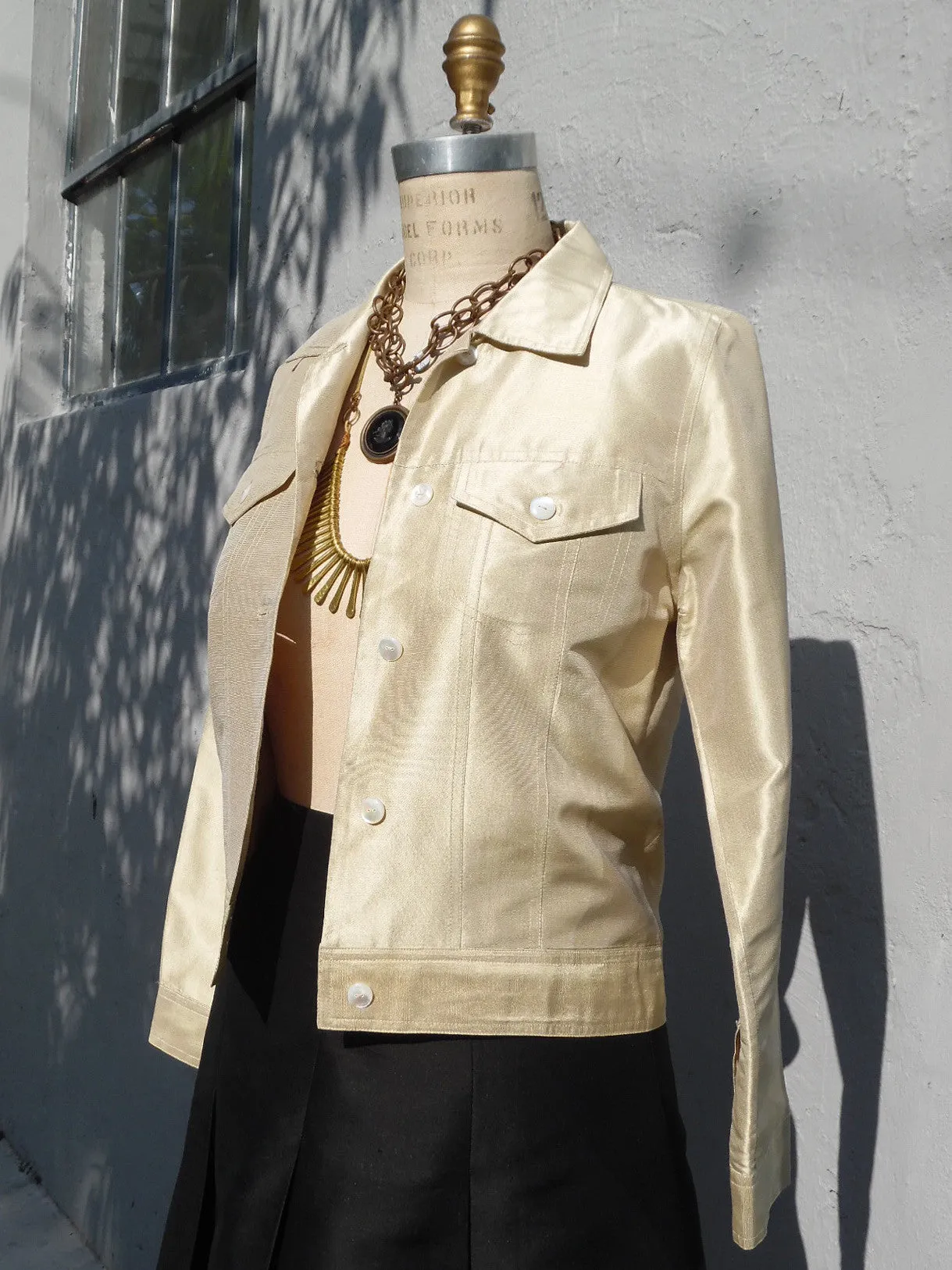 Jean Jacket Thai Silk And Mother Of Pearl Pale Gold and Oatmeal