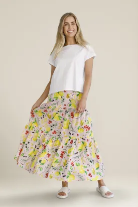 Linen Lemon Print Tiered Skirt