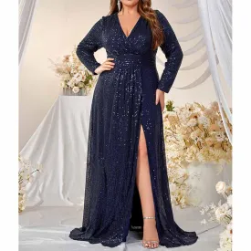 Long Sleeve Prom Dress Navy Blue Sequin V Neck Slipt Maxi Dress