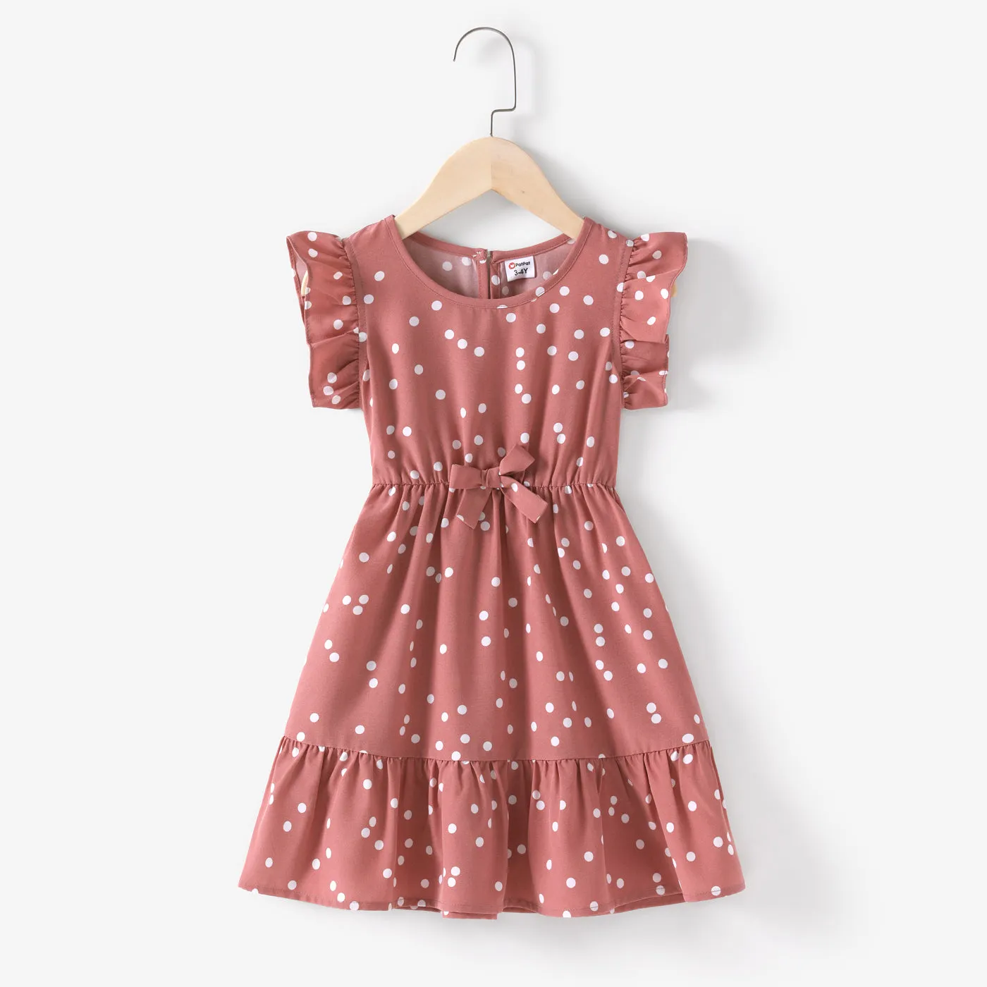 Matching Family Outfits Mommy and Me Pink Cross Wrap V Neck Ruffle Polka Dots Dress for Mom and Me