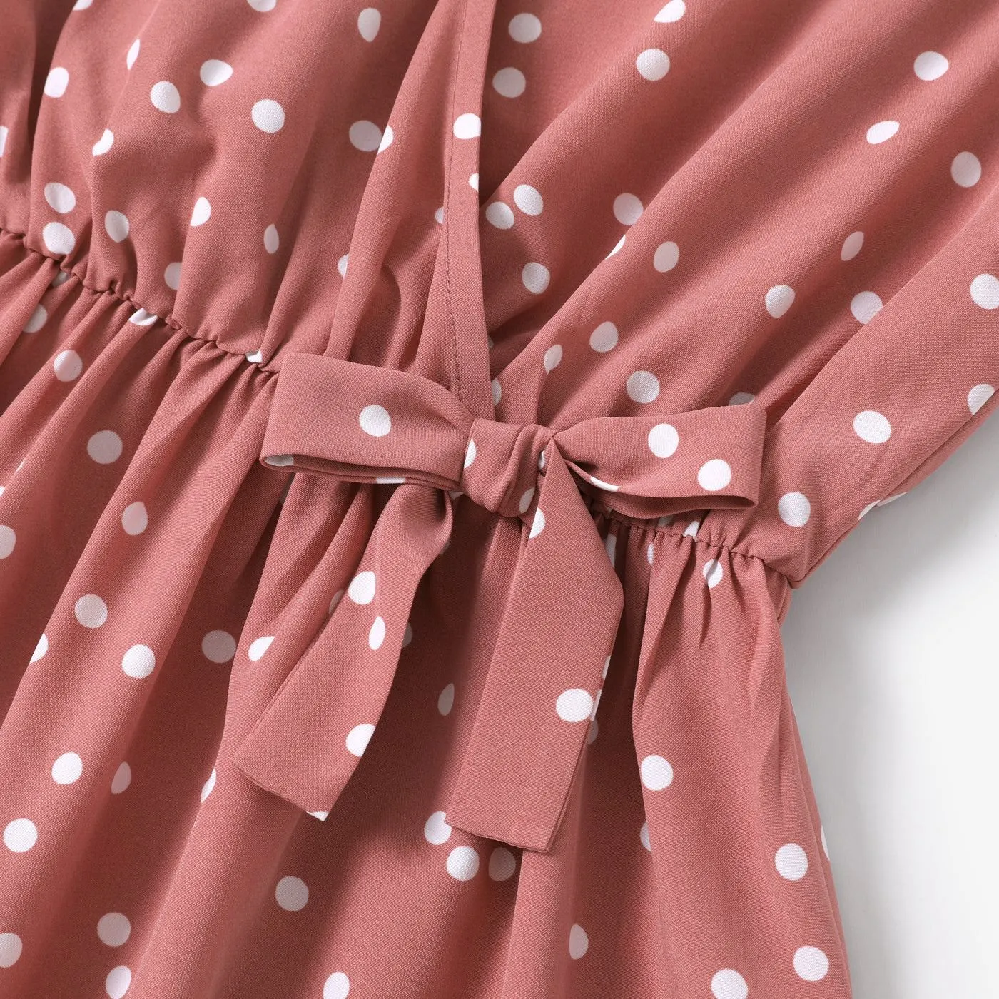 Matching Family Outfits Mommy and Me Pink Cross Wrap V Neck Ruffle Polka Dots Dress for Mom and Me