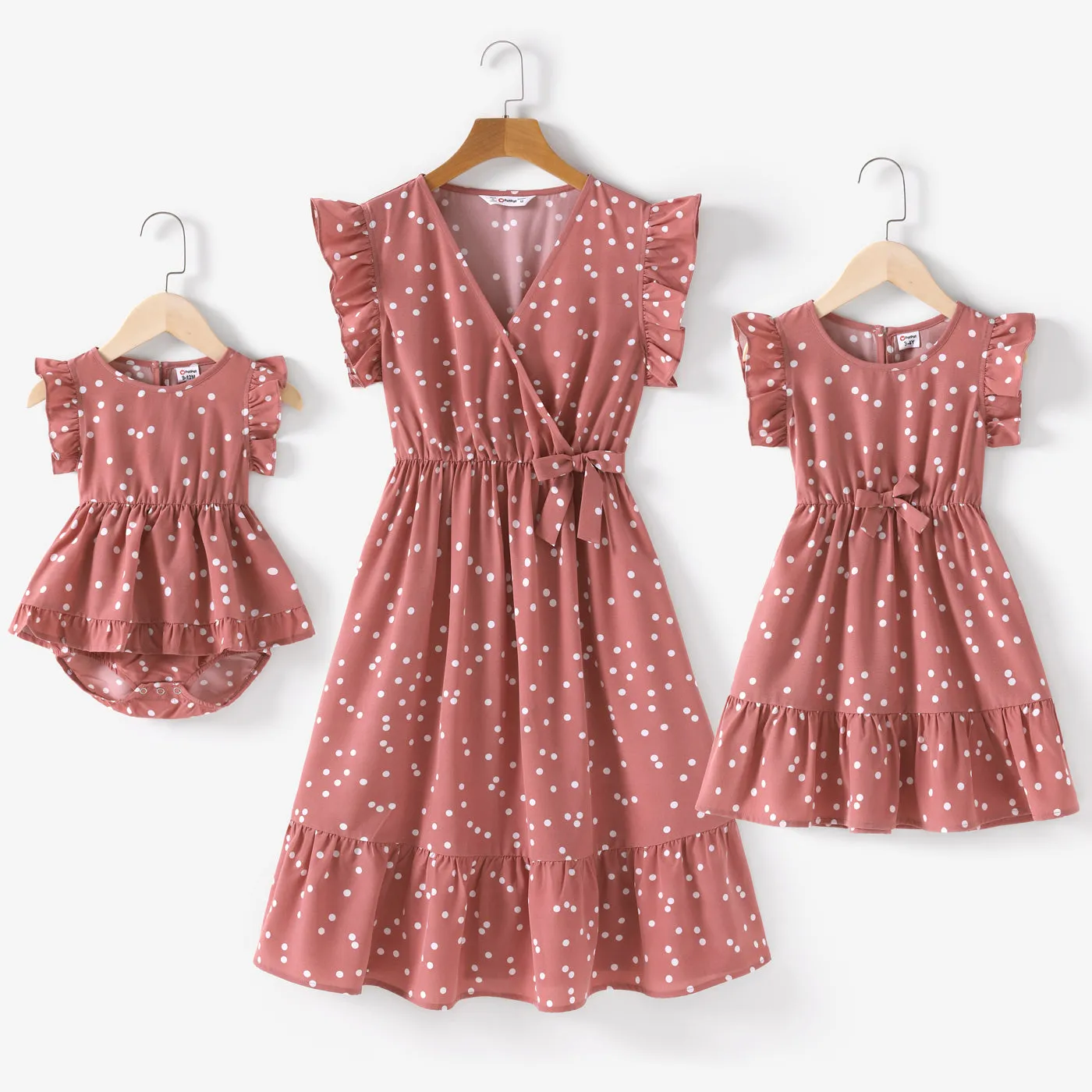 Matching Family Outfits Mommy and Me Pink Cross Wrap V Neck Ruffle Polka Dots Dress for Mom and Me