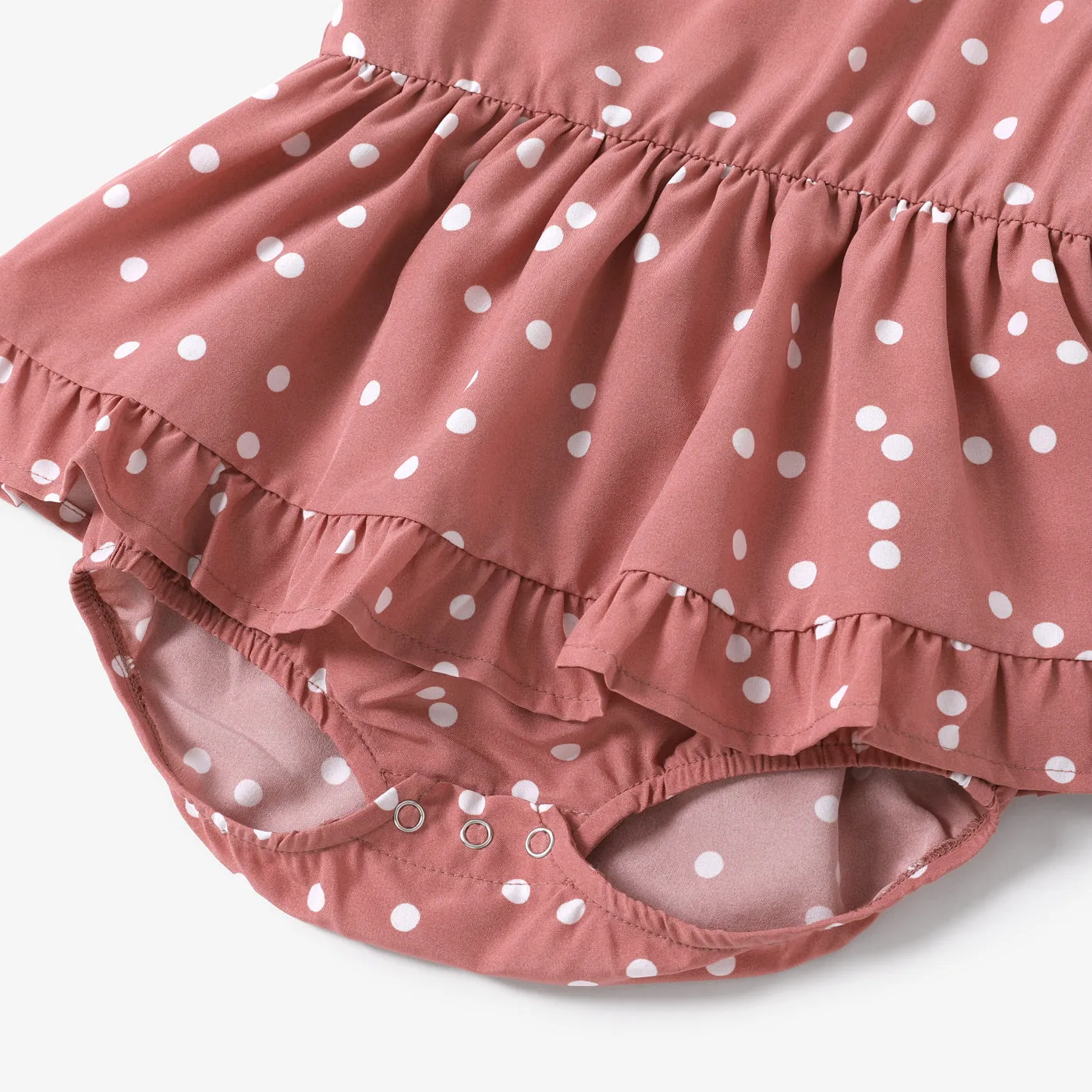 Matching Family Outfits Mommy and Me Pink Cross Wrap V Neck Ruffle Polka Dots Dress for Mom and Me