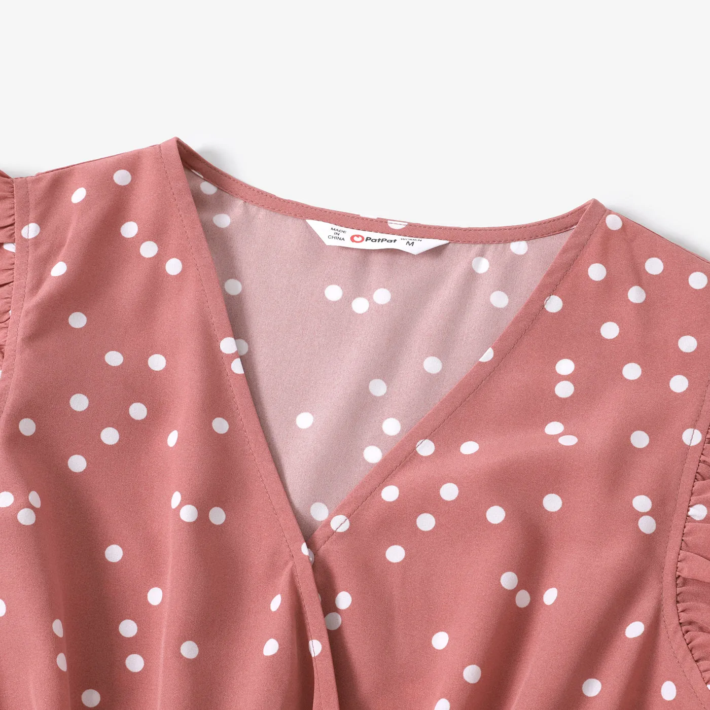 Matching Family Outfits Mommy and Me Pink Cross Wrap V Neck Ruffle Polka Dots Dress for Mom and Me