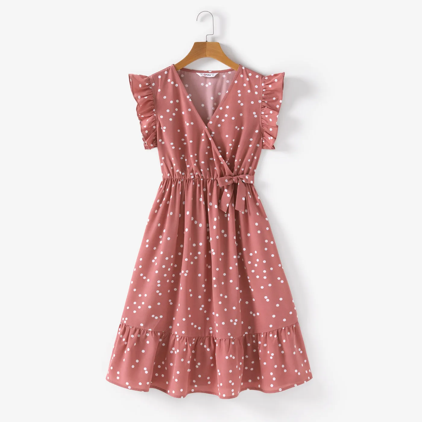 Matching Family Outfits Mommy and Me Pink Cross Wrap V Neck Ruffle Polka Dots Dress for Mom and Me