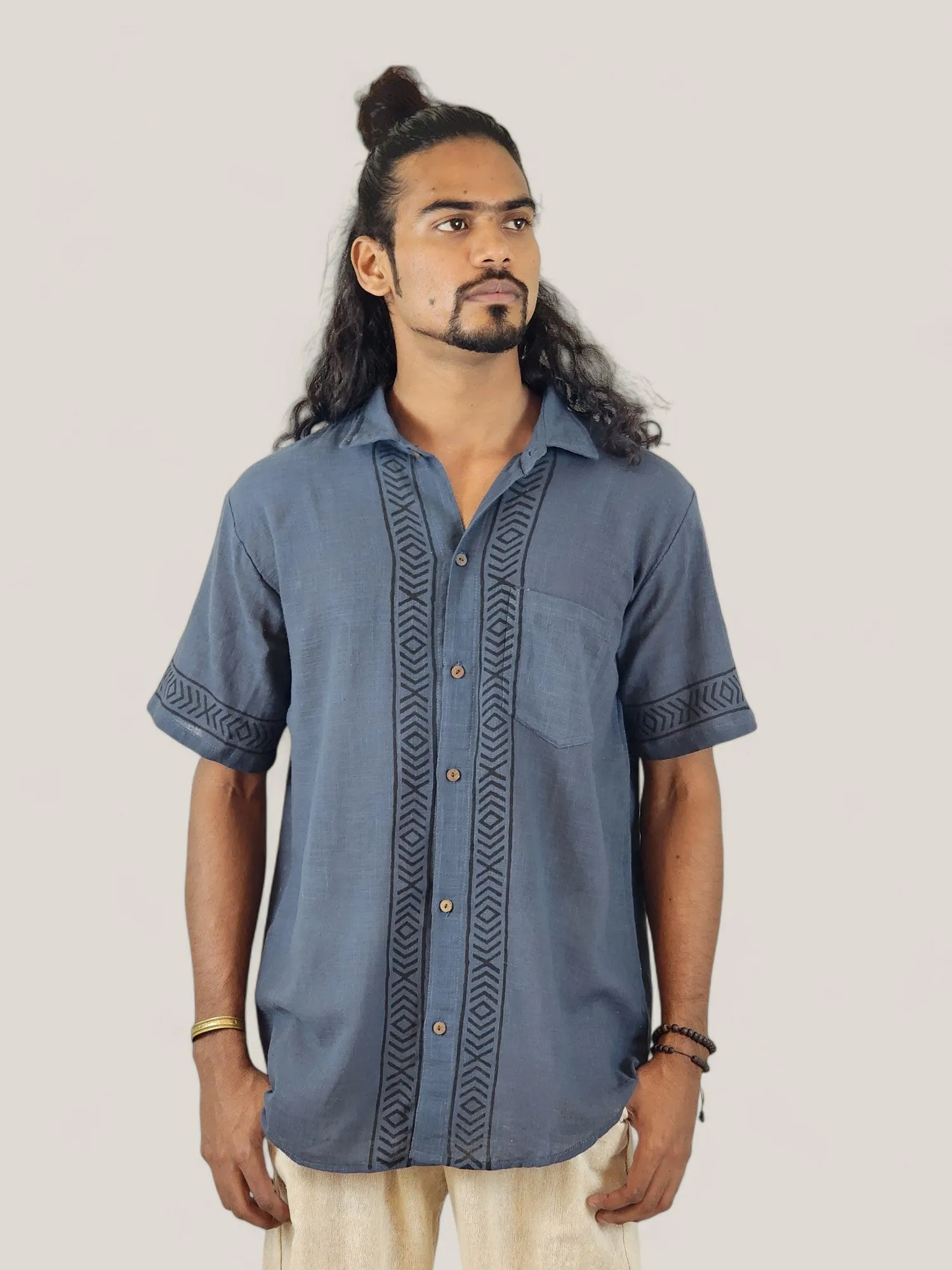 Men's Denim Blue Organic Linen Short Sleeve Block-Printed Button-Down Shirt