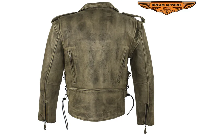 Mens Distressed Brown Leather Motorcycle Jacket With Black Leather Side Laces