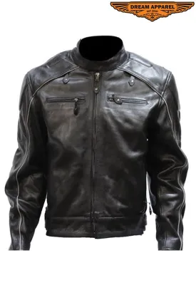 Mens Leather Jacket With Racer Collar