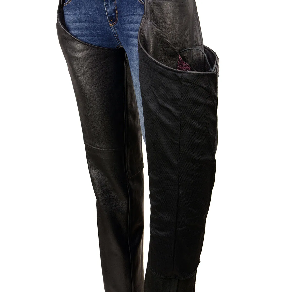 Milwaukee Leather Chaps for Women Black Naked Skin Purple Crinkled Stripes- Reflective Trim Motorcycle Chap MLL6500