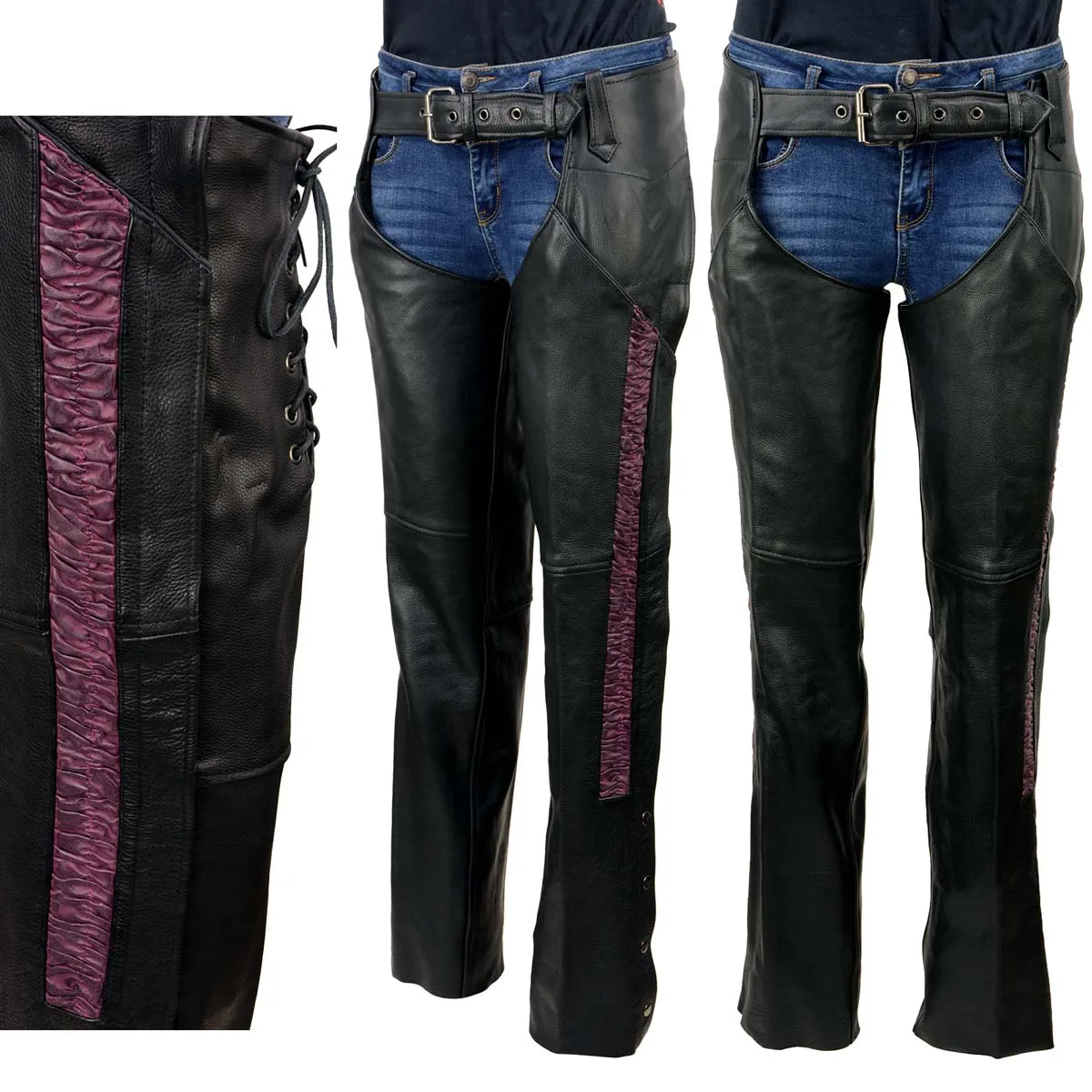 Milwaukee Leather Chaps for Women Black Naked Skin Purple Crinkled Stripes- Reflective Trim Motorcycle Chap MLL6500