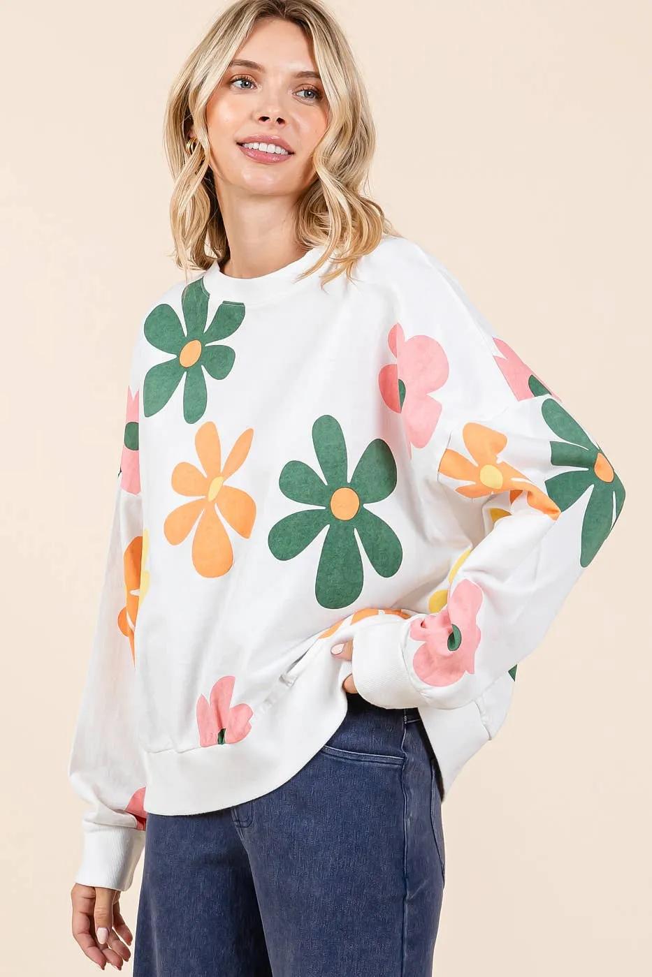 MINERAL WASH FLOWER PRINT FRENCH TERRY SWEATSHIRT