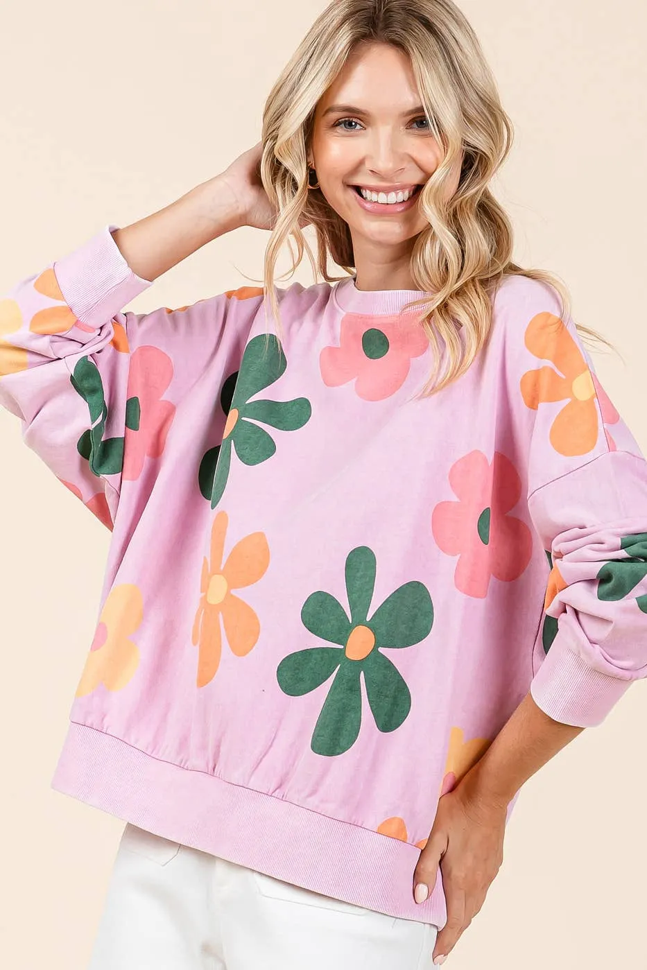 MINERAL WASH FLOWER PRINT FRENCH TERRY SWEATSHIRT