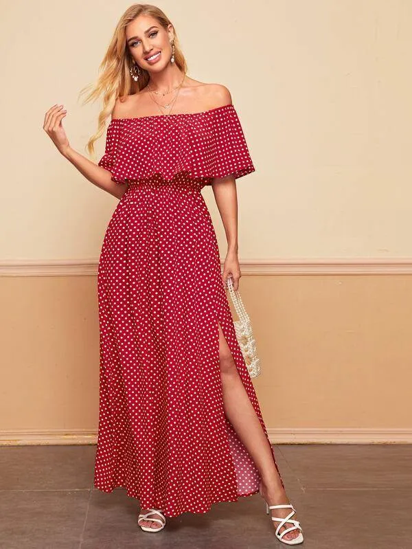 Off Shoulder Polka Dot Ruffle Trim Split Hem Dress