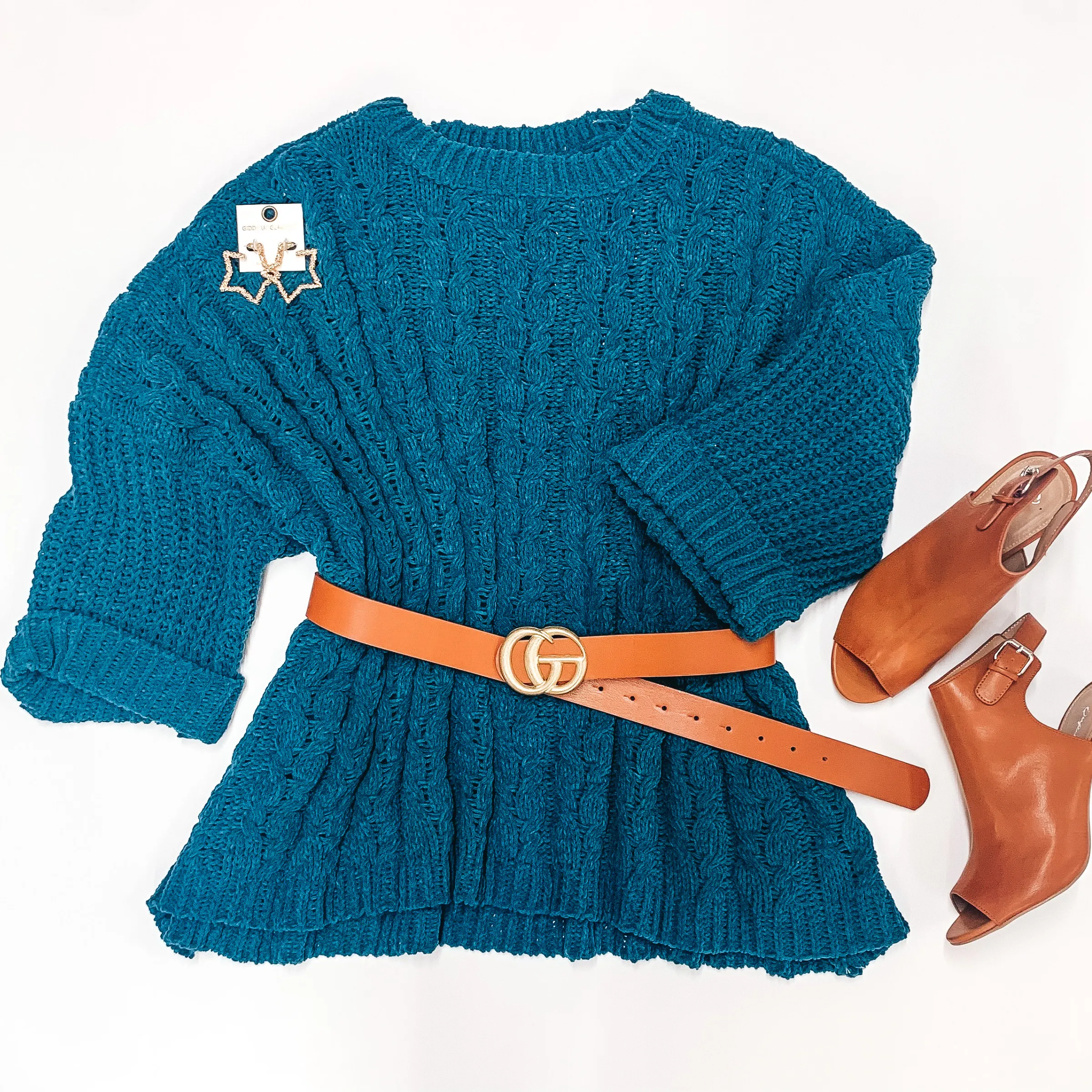 On My Level Chenille Cable Knit Pullover Sweater in Teal Green