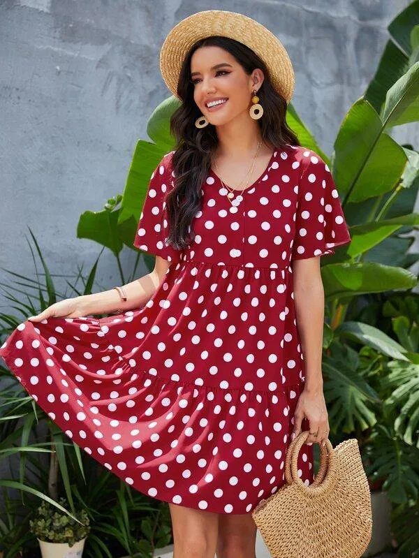 Polka Dot Butterfly Sleeve Ruffle Hem Smock Dress