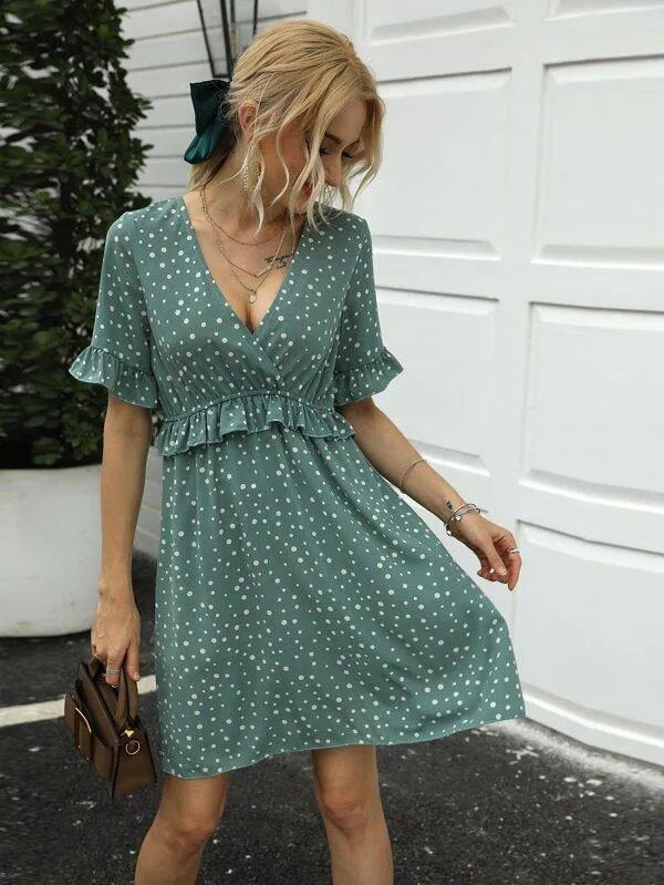 Polka Dot Frill Trim A-line Dress