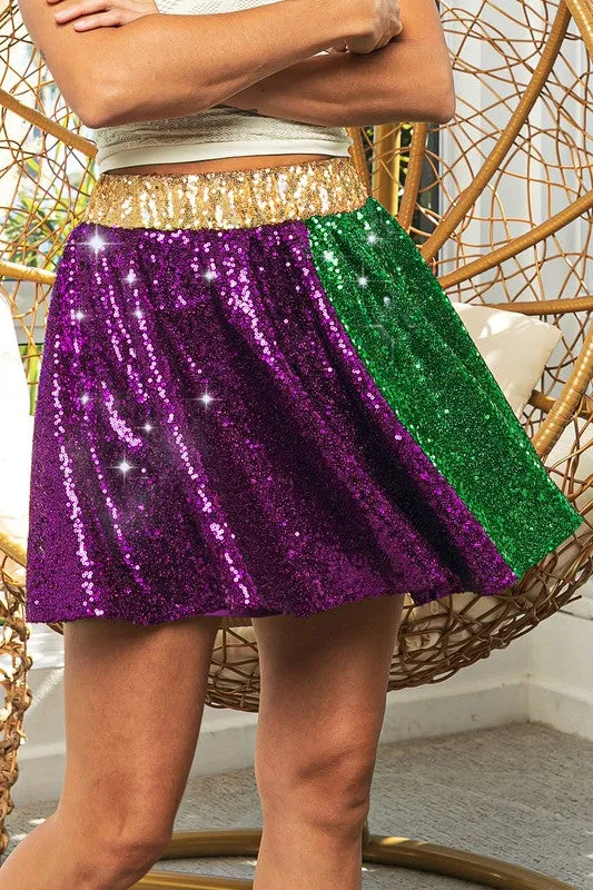 Purple/Green/Must Mardi Gras Sequin Skater Mini Skirt