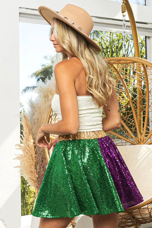 Purple/Green/Must Mardi Gras Sequin Skater Mini Skirt