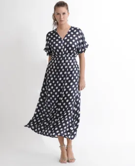 Rareism Women Wicked Blue Modal Satin Fabric Short Sleeves V-Neck Extended Sleeve Regular Fit Polka Maxi A-Line Dress