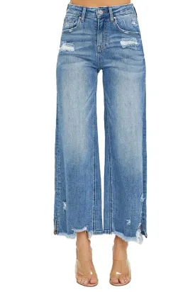 Risen Jeans - High Rise Side Slit with Frayed Hem Wide Jeans - RDP5590