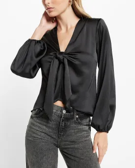 Satin V-Neck Balloon Sleeve Tie Front Top in Pitch Black