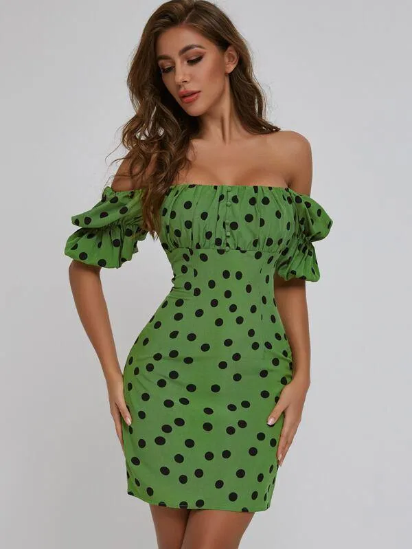 SBetro Ruched Bust Polka-dot Print Bardot Dress