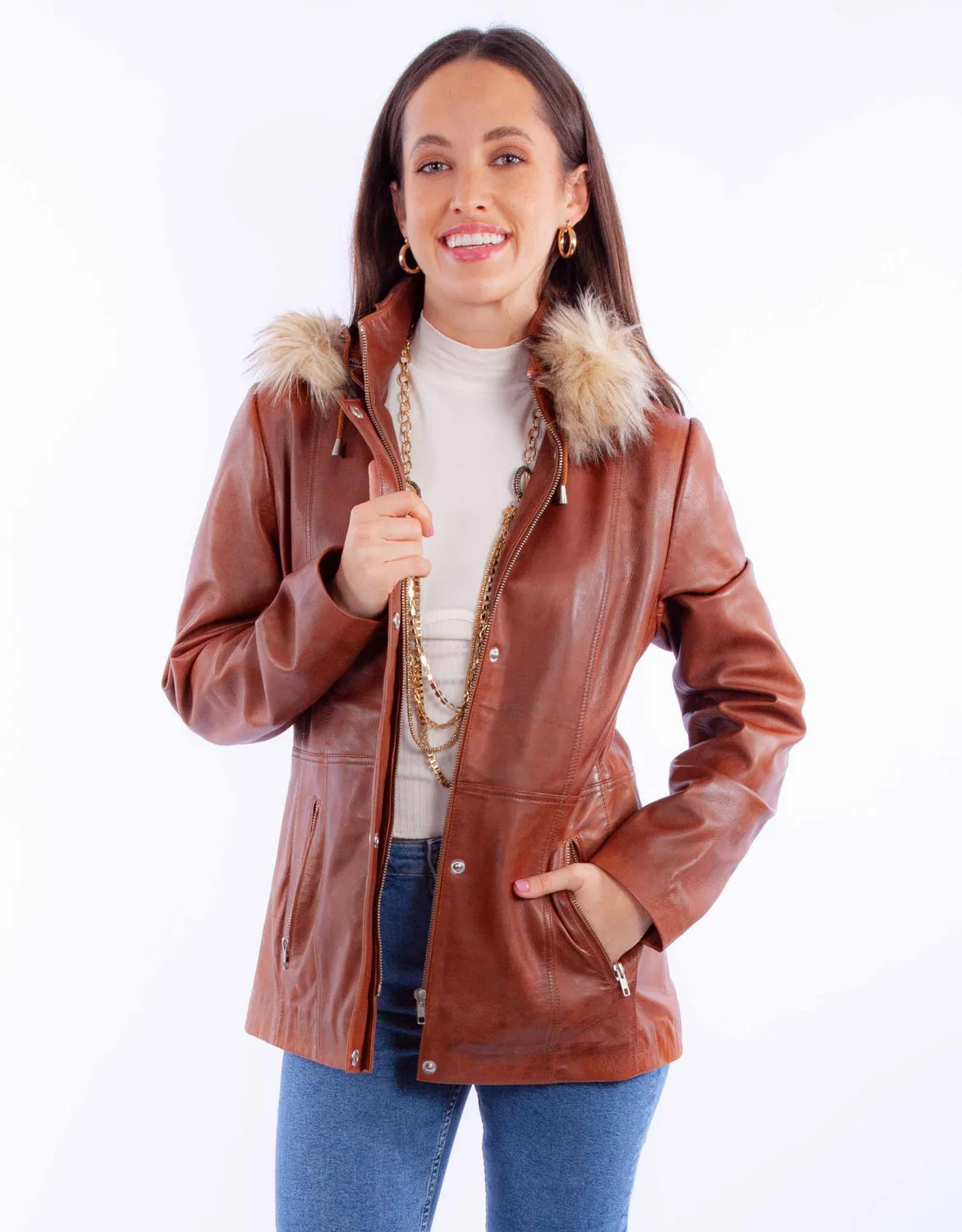 Scully Womens Faux Fur Hooded Brown Leather Leather Jacket