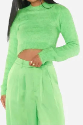 Show Me Your Mumu Cropped Varsity Sweater in Bright Green Fuzzy Knit