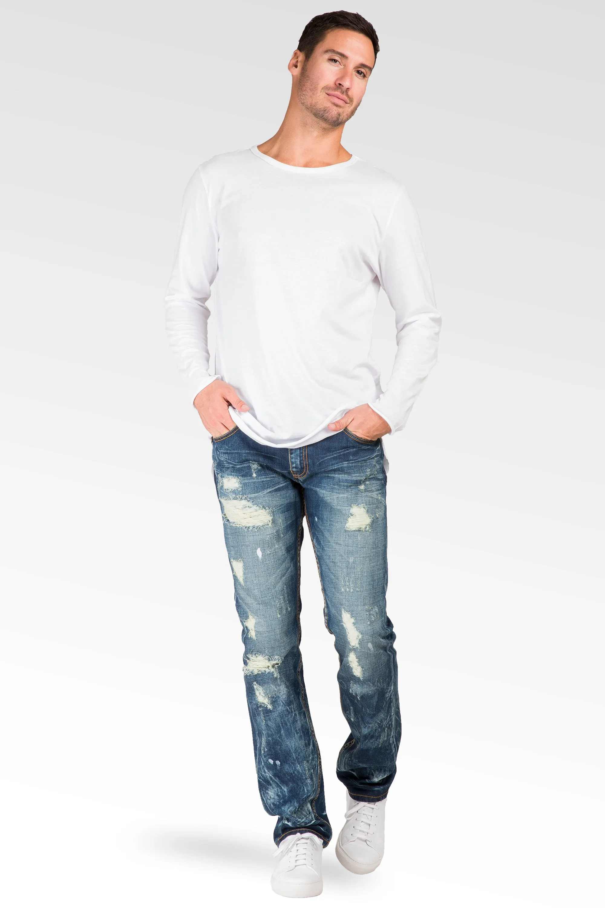 Slim Straight Destroyed Medium Blue Premium Denim Signature 5 Pocket Jeans Bleach Splatter