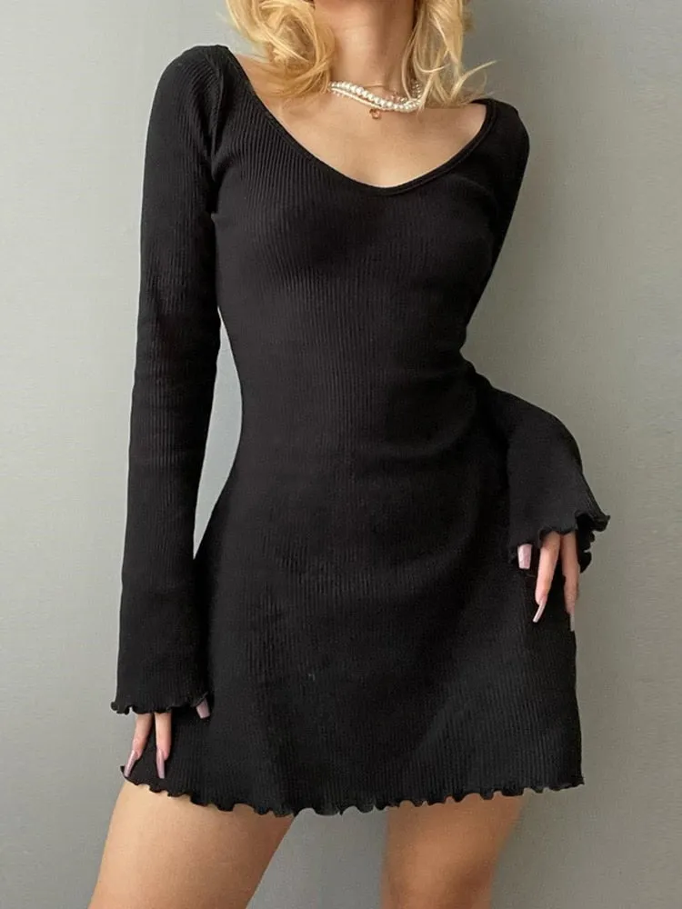 Solid Color Knit V-Neck Dress /Elegant Simplicity