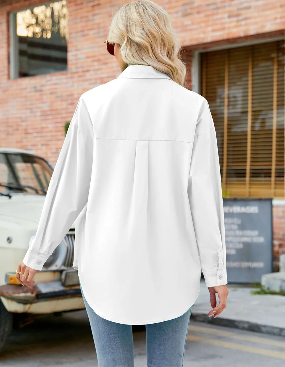 Solid-color Lapel Button Front Loose Casual Long Sleeve Shirt