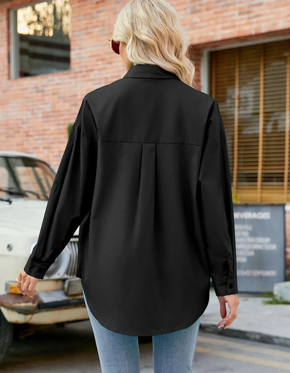 Solid-color Lapel Button Front Loose Casual Long Sleeve Shirt