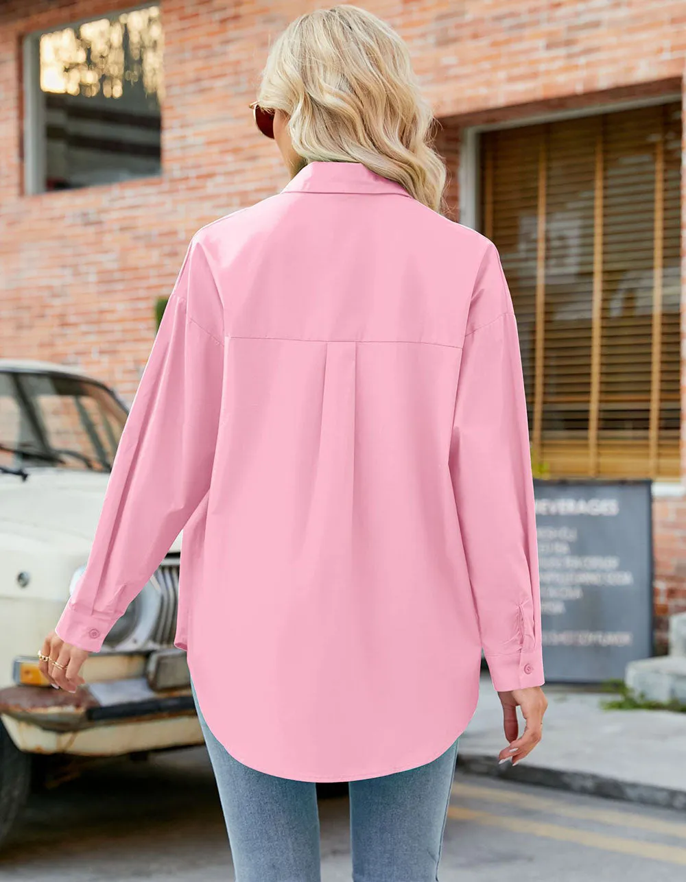 Solid-color Lapel Button Front Loose Casual Long Sleeve Shirt