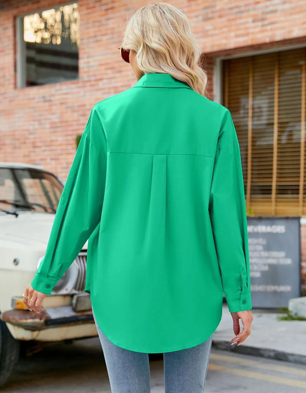 Solid-color Lapel Button Front Loose Casual Long Sleeve Shirt