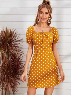 Square Neck Knot Front Polka Dot Dress