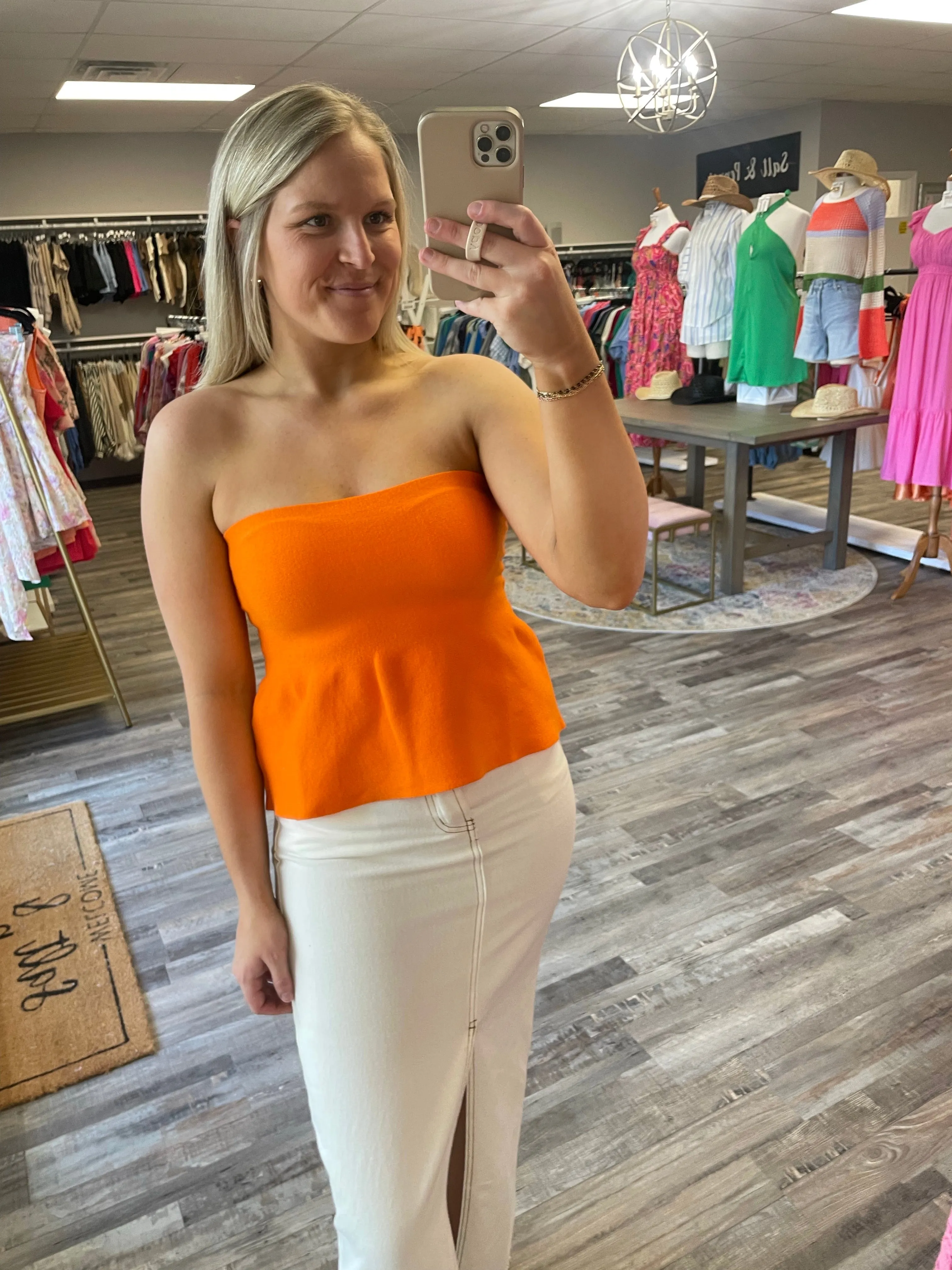 Strapless Knit Peplum Top - Orange